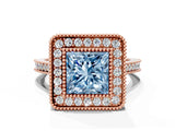 Rose gold Fancy Blue Princess  Diamond Halo Ring with Milgrain Frame and Pavé Band_53