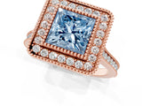 Rose gold Fancy Blue Princess  Diamond Halo Ring with Milgrain Frame and Pavé Band_54