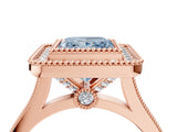 Rose gold Fancy Blue Princess  Diamond Halo Ring with Milgrain Frame and Pavé Band_57