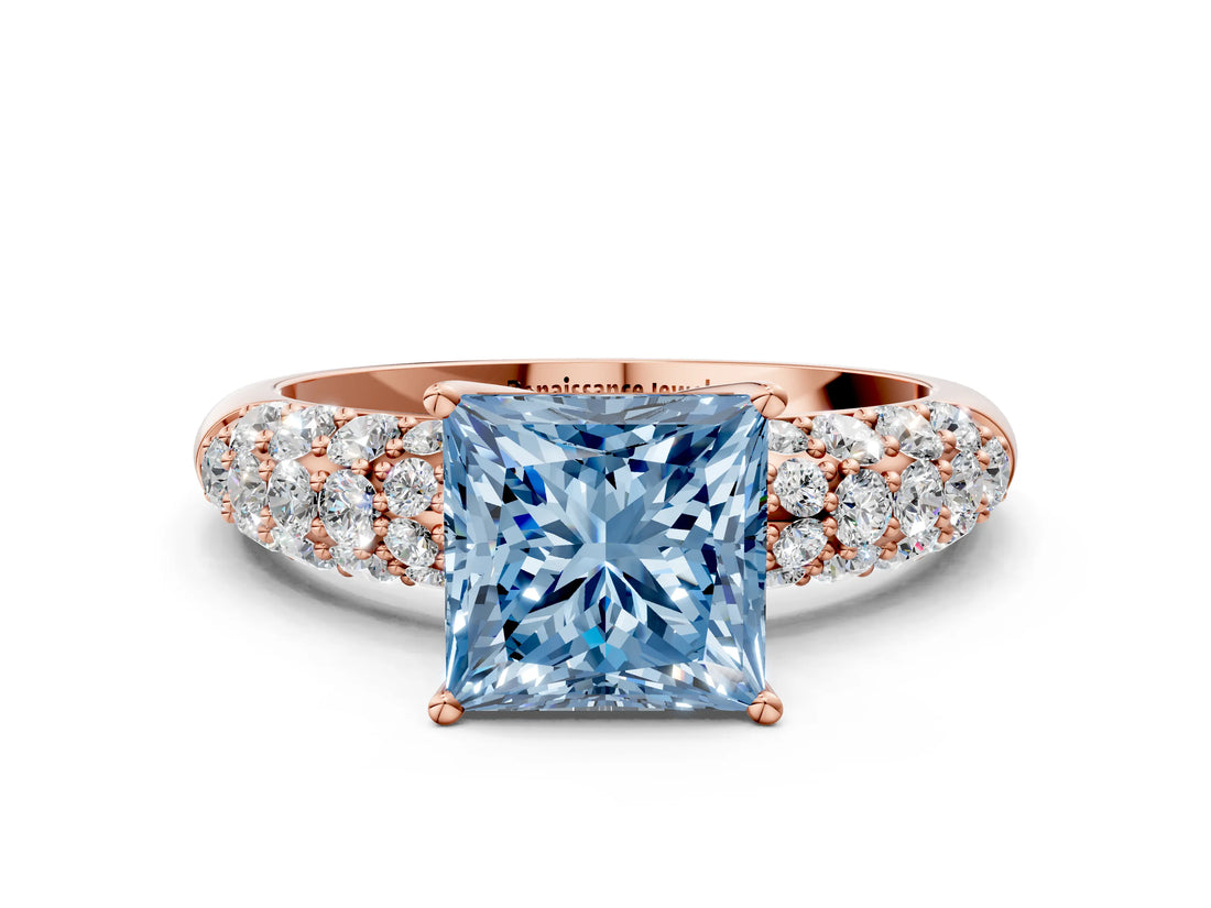 Rose gold Fancy Blue Princess  Diamond Pavé Band Solitaire Ring with Four-Prong Setting_49