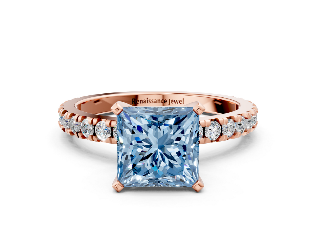 Rose gold Fancy Blue Princess  Diamond Pavé Band Solitaire with Four-Prong Setting_167