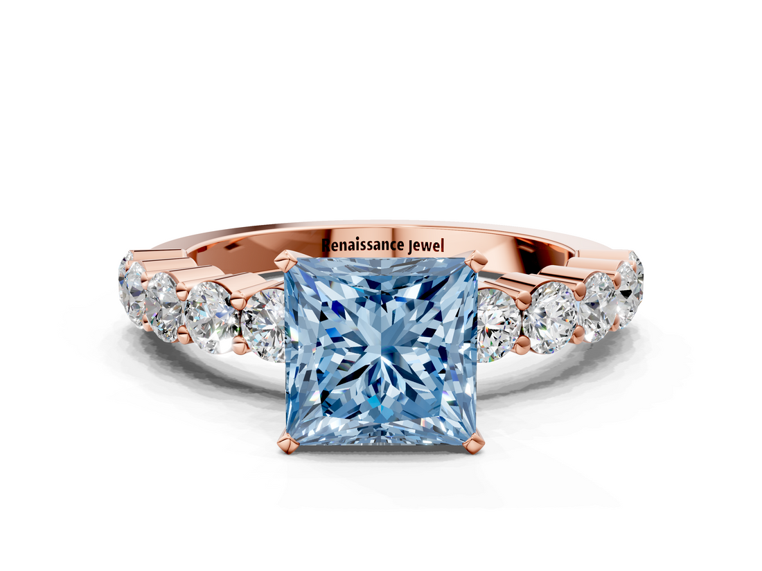 Rose gold Fancy Blue Princess  Diamond Pavé Band Solitaire with Four-Prong Setting_3