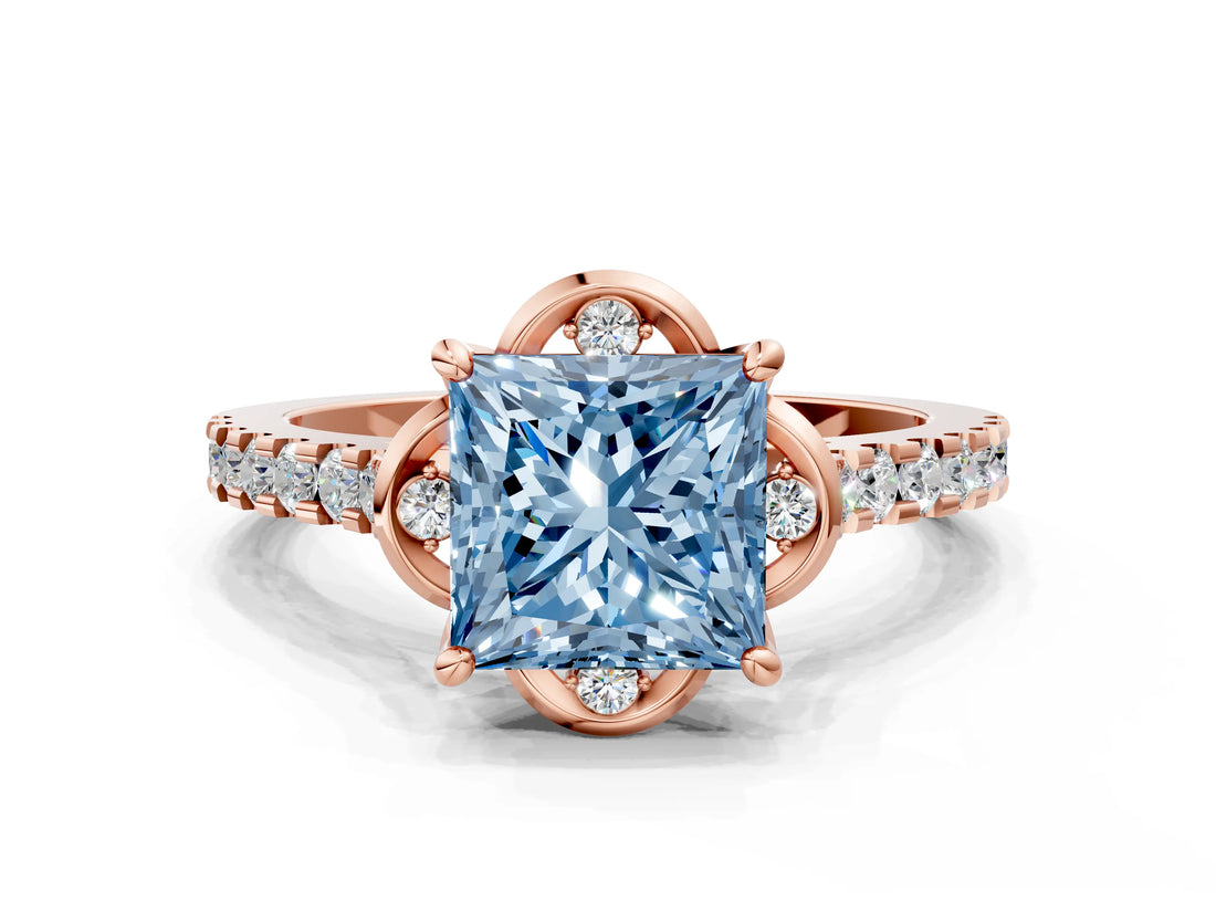 Rose gold Fancy Blue Princess  Diamond Pave Band with Floral Prong Setting_27