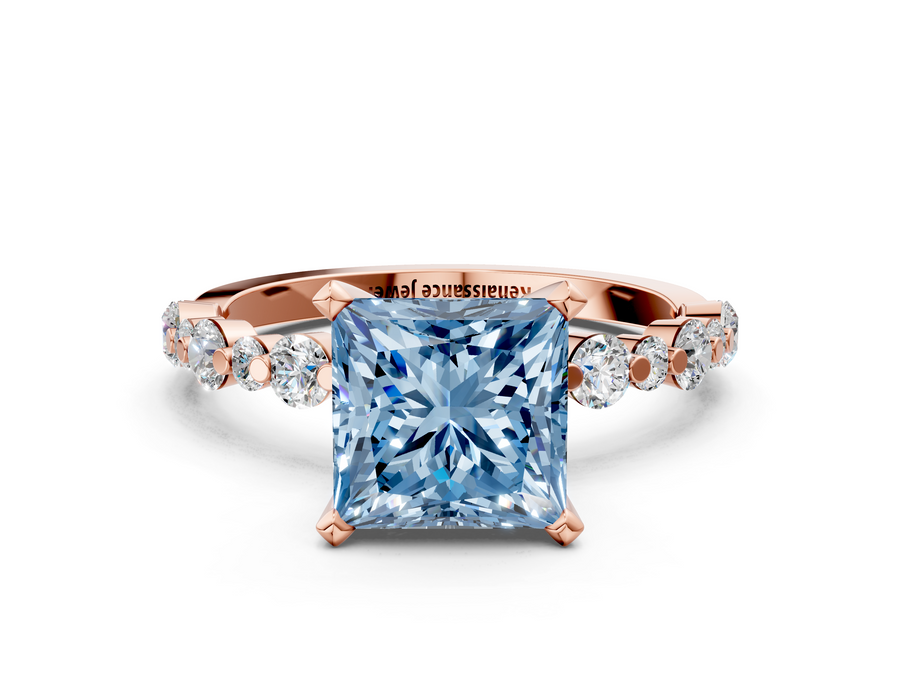 Rose gold Fancy Blue Princess Cut Diamond Prong Set Engagement Ring with Pavé Band