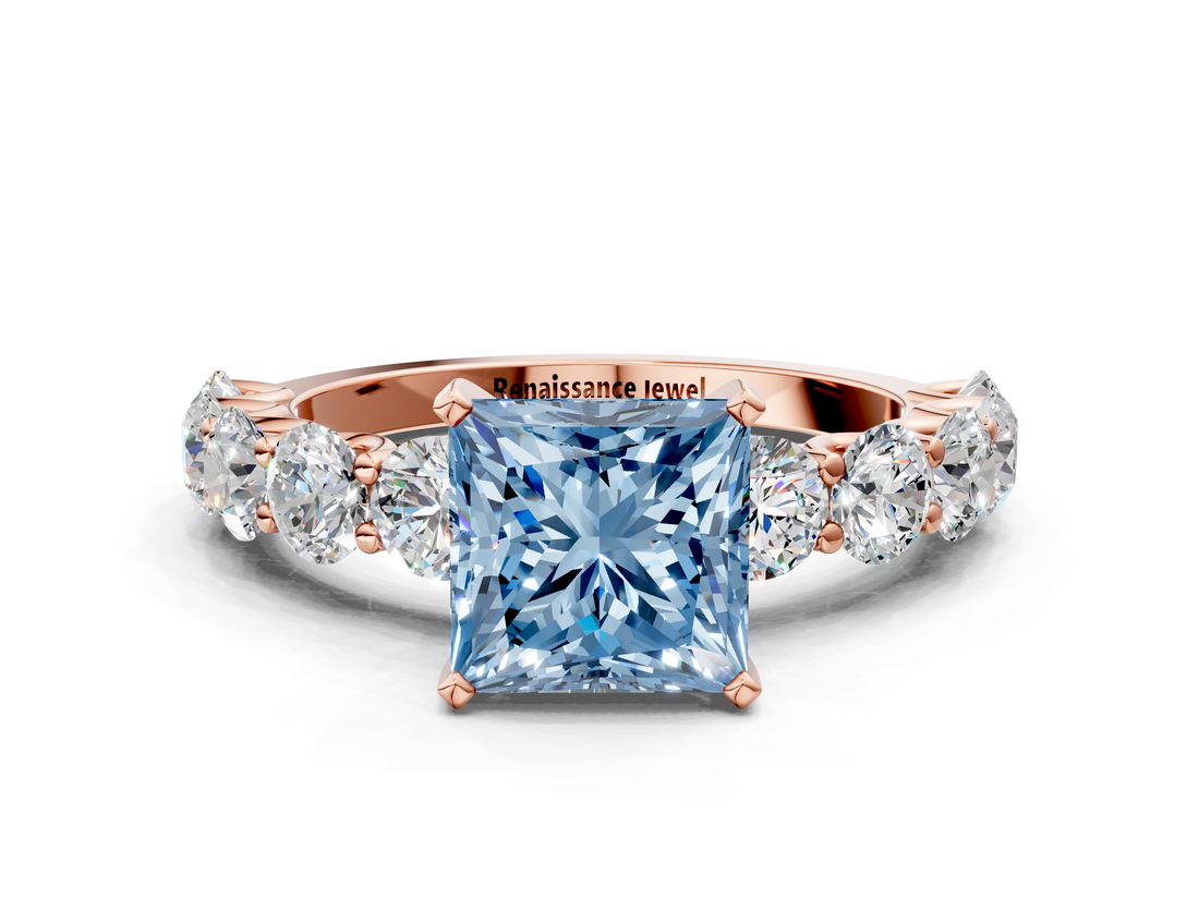 Rose gold Fancy Blue Princess  Diamond Prong Setting with Side Stones on a Pave Band_141