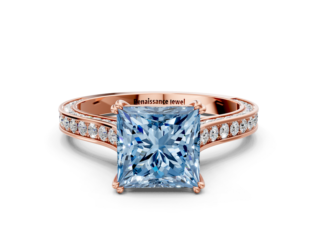 Rose gold Fancy Blue Princess  Diamond Solitaire with Pave Band and Six-Prong Setting_36