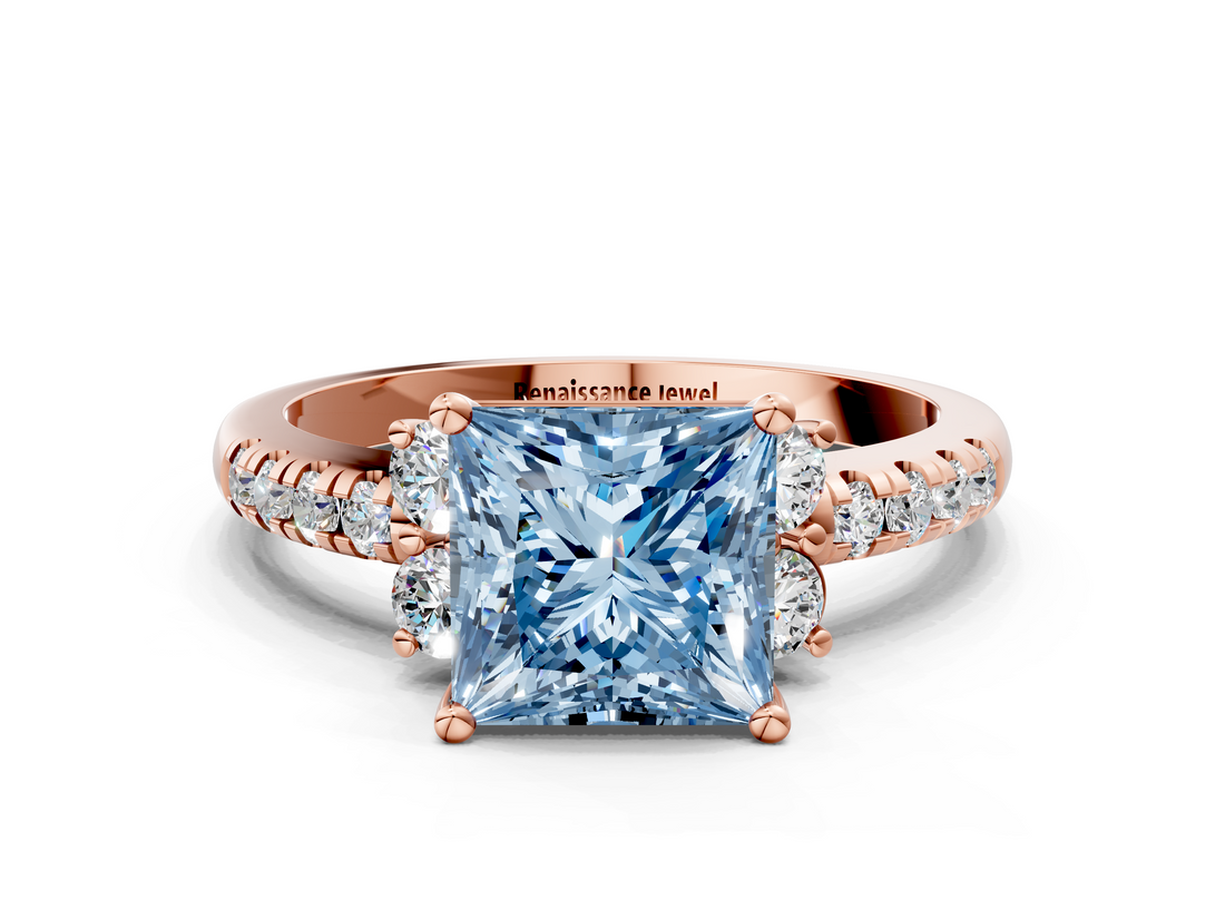 Rose gold Fancy Blue Princess  Diamond Three-Stone Pave Band with Four-Prong Setting_20