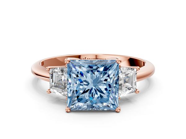 Rose gold Fancy Blue Princess  Diamond Three-Stone Ring with Trapezoid Side Stones and Prong Setting