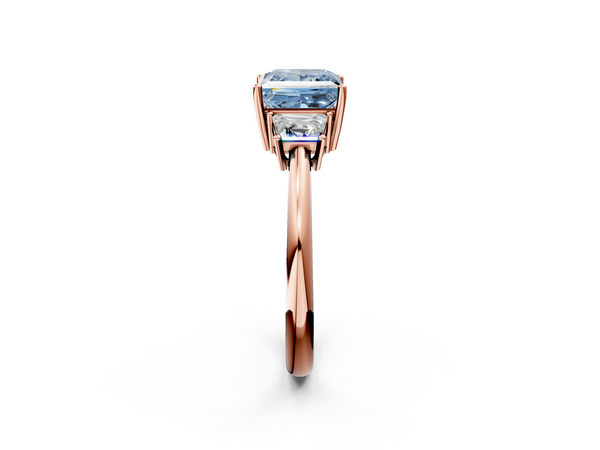 Rose gold Fancy Blue Princess  Diamond Three-Stone Ring with Trapezoid Side Stones and Prong Setting