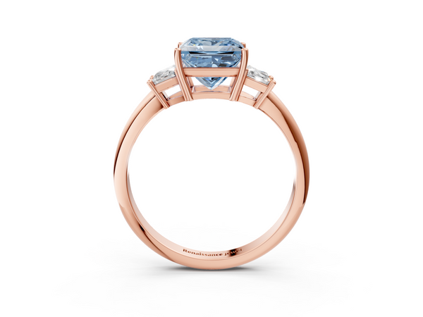 Rose gold Fancy Blue Princess  Diamond Three-Stone Ring with Trapezoid Side Stones and Prong Setting