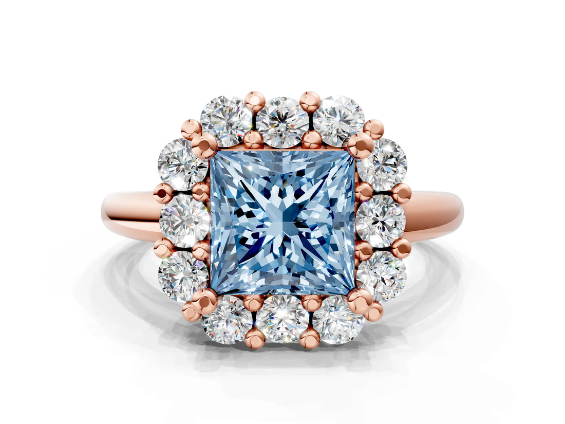 Rose gold Fancy Blue Princess  Halo Cluster Diamond Engagement Ring with Prong Setting and Polished Band_75