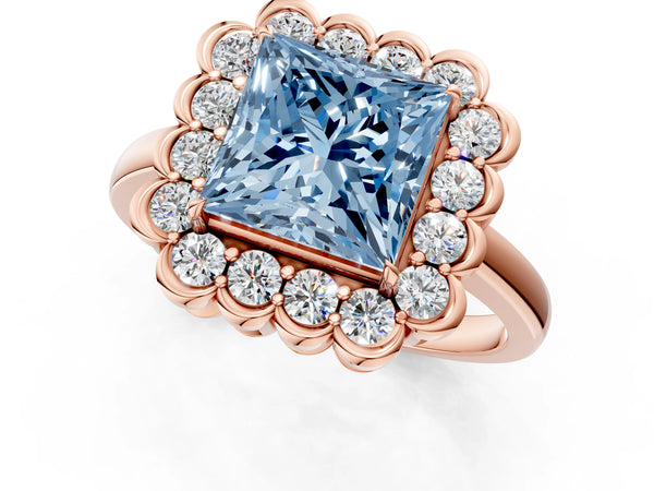 Rose gold Fancy Blue Princess  Halo Cluster Diamond Engagement Ring with Solitaire Band and Prong Setting