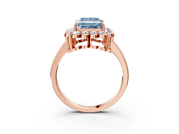 Rose gold Fancy Blue Princess  Halo Cluster Diamond Engagement Ring with Solitaire Band and Prong Setting