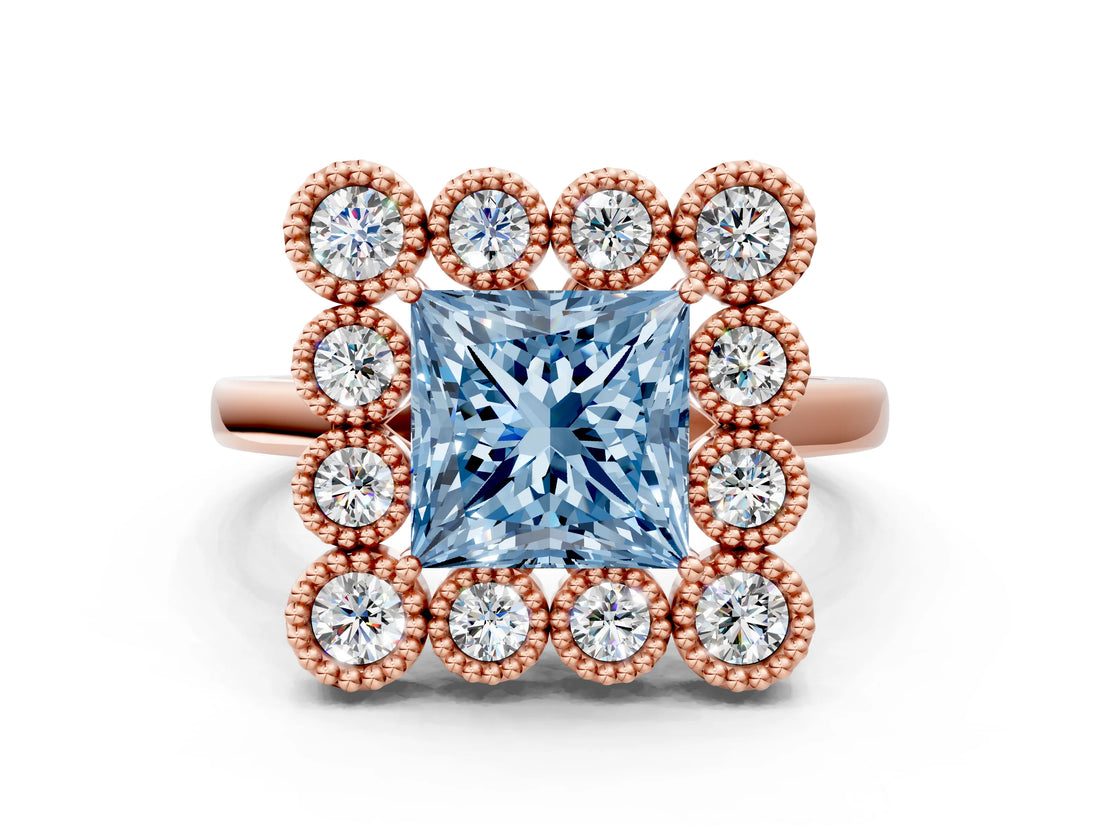 Rose gold Fancy Blue Princess  Halo Diamond Cluster Engagement Ring with Milgrain Bezel Setting and Solitaire Band_57