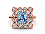 Rose gold Fancy Blue Princess  Halo Diamond Cluster Engagement Ring with Milgrain Bezel Setting and Solitaire Band_57