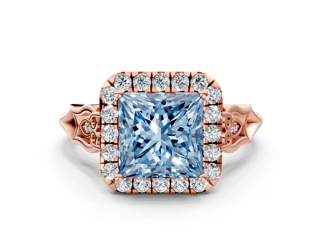 Rose gold Fancy Blue Princess  Halo Diamond Engagement Ring with Filigree Band and Four-Prong Setting_81
