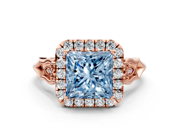 Rose gold Fancy Blue Princess  Halo Diamond Engagement Ring with Filigree Band and Four-Prong Setting