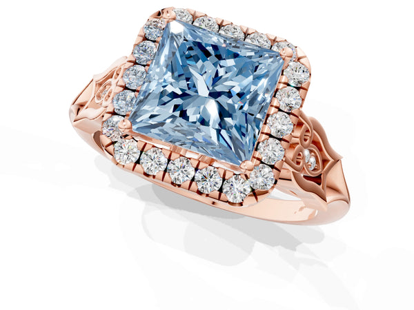 Rose gold Fancy Blue Princess  Halo Diamond Engagement Ring with Filigree Band and Four-Prong Setting
