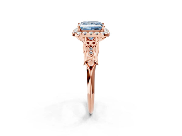 Rose gold Fancy Blue Princess  Halo Diamond Engagement Ring with Filigree Band and Four-Prong Setting
