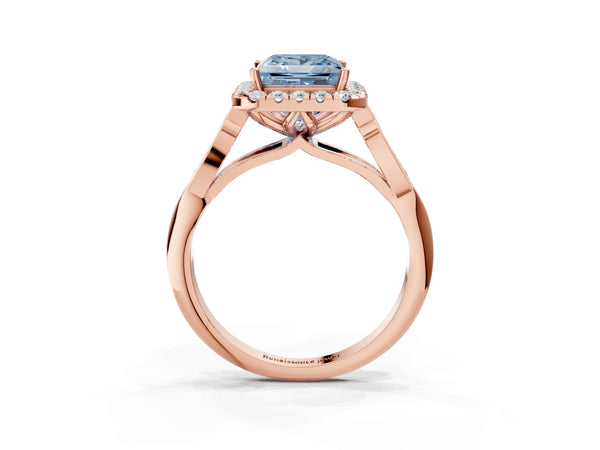 Rose gold Fancy Blue Princess  Halo Diamond Engagement Ring with Filigree Band and Four-Prong Setting