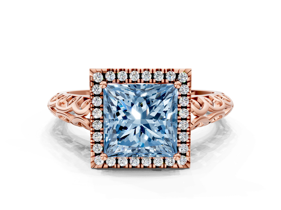 Rose gold Fancy Blue Princess  Halo Diamond Engagement Ring with Intricate Filigree Band and Four-Prong Setting_37