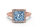 Rose gold Fancy Blue Princess  Halo Diamond Engagement Ring with Intricate Filigree Band and Four-Prong Setting_37