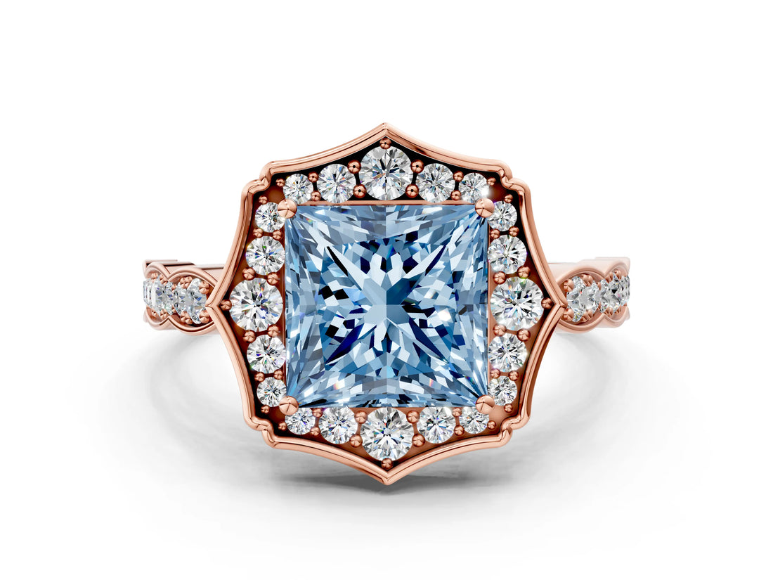 Rose gold Fancy Blue Princess  Halo Diamond Engagement Ring with Milgrain Band and Four-Prong Setting_37