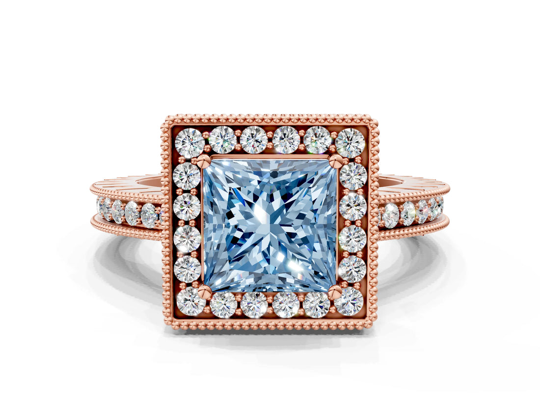 Rose gold Fancy Blue Princess  Halo Diamond Engagement Ring with Milgrain Pave Band and Four-Prong Setting_111