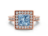 Rose gold Fancy Blue Princess  Halo Diamond Engagement Ring with Milgrain Pave Band and Four-Prong Setting_111