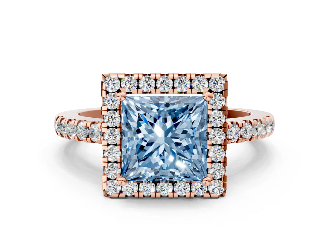 Rose gold Fancy Blue Princess  Halo Diamond Engagement Ring with Pavé Band and Four-Prong Setting_39