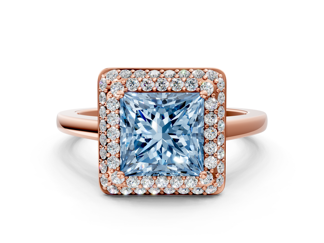 Rose gold Fancy Blue Princess  Halo Diamond Engagement Ring with Solitaire Band and Four-Prong Setting_20