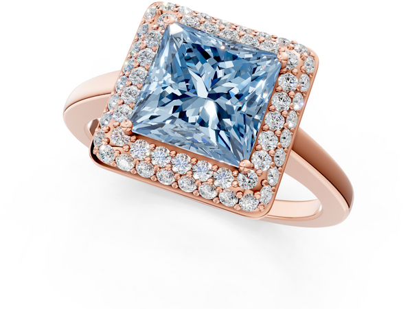Rose gold Fancy Blue Princess  Halo Diamond Engagement Ring with Solitaire Band and Four-Prong Setting