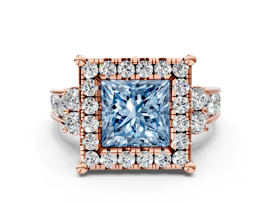 Rose gold Fancy Blue Princess  Halo Diamond Engagement Ring with Split Shank and Four-Prong Setting
