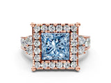 Rose gold Fancy Blue Princess  Halo Diamond Engagement Ring with Split Shank and Four-Prong Setting