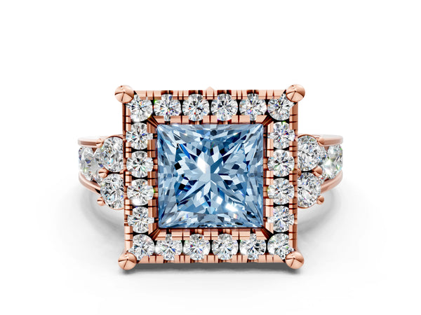 Rose gold Fancy Blue Princess  Halo Diamond Engagement Ring with Split Shank and Four-Prong Setting