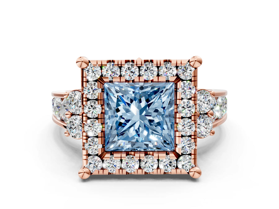 Rose gold Fancy Blue Princess  Halo Diamond Engagement Ring with Split Shank and Four-Prong Setting