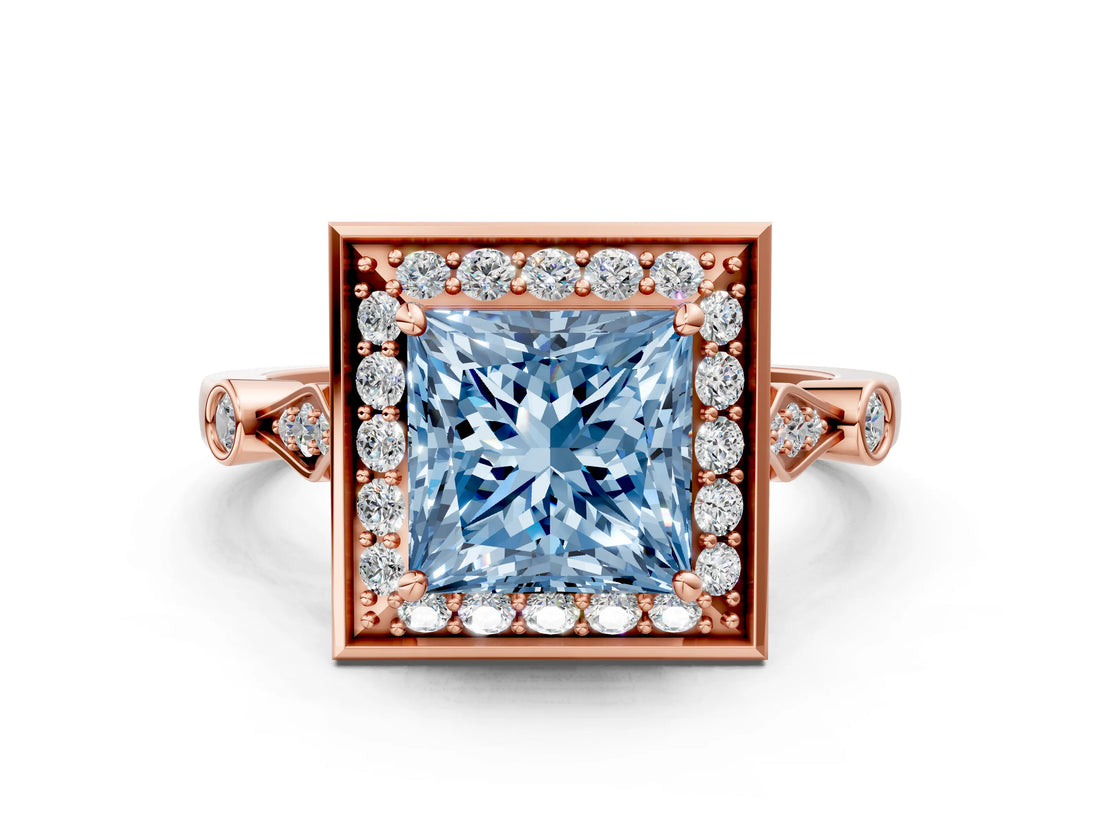 Rose gold Fancy Blue Princess  Halo Diamond Engagement Ring with Twisted Band and Four-Prong Setting 1