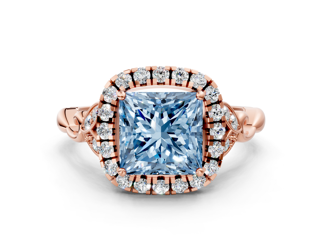 Rose gold Fancy Blue Princess  Halo Diamond Engagement Ring with Vintage-Inspired Band and Four-Prong Setting_3