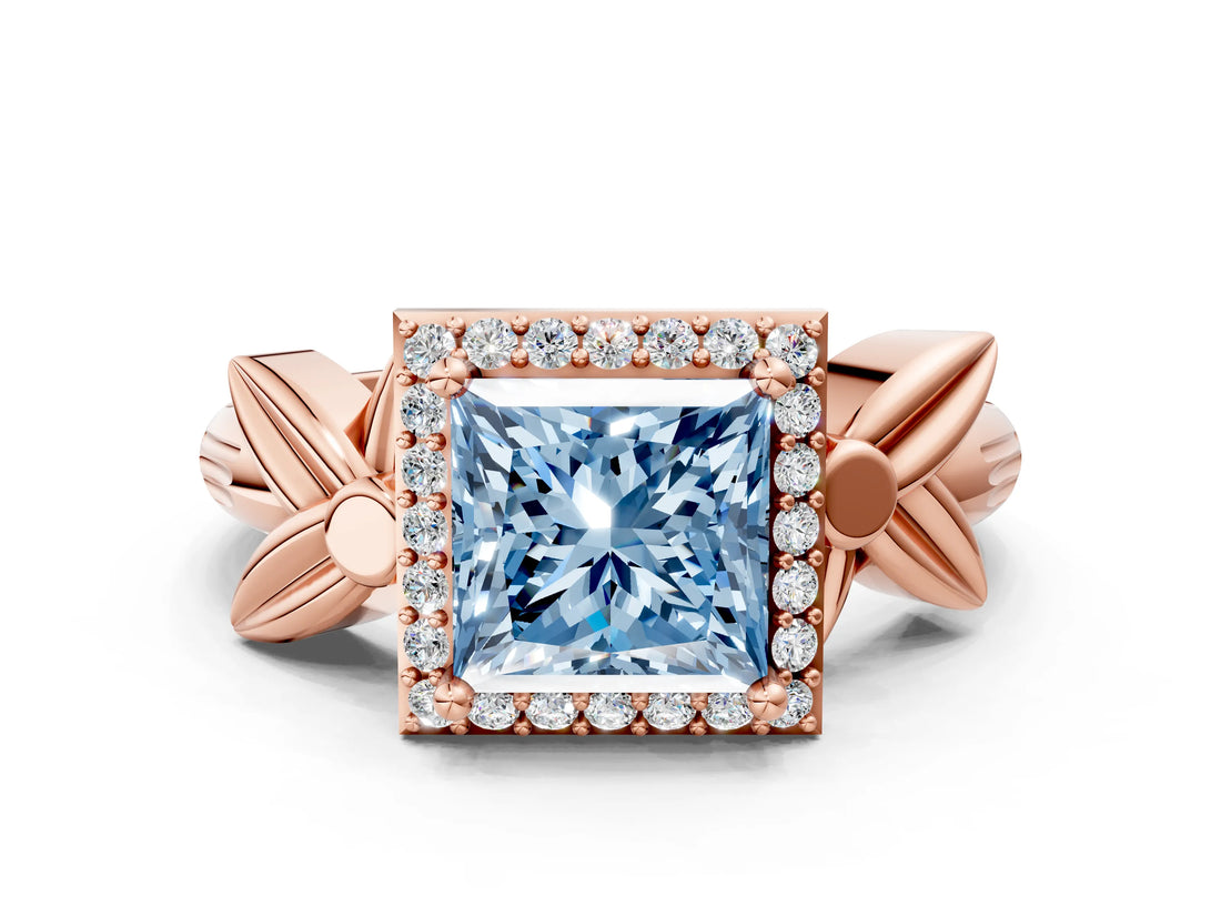 Rose gold Fancy Blue Princess  Halo Diamond Floral Band with Four-Prong Setting_55