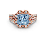 Rose gold Fancy Blue Princess  Halo Diamond Floral Split Shank Engagement Ring