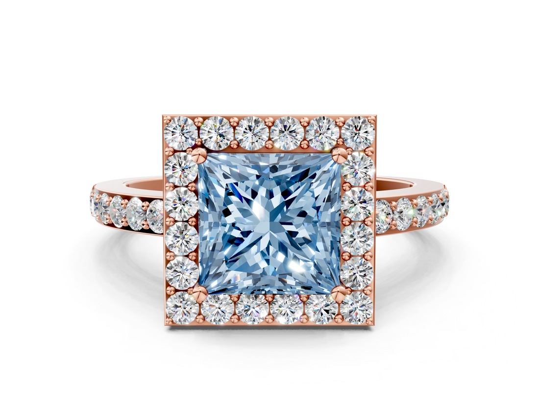 Rose gold Fancy Blue Princess  Halo Diamond Pavé Band Ring with Prong Setting_20