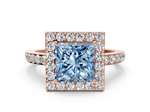 Rose gold Fancy Blue Princess  Halo Diamond Pavé Band Ring with Prong Setting