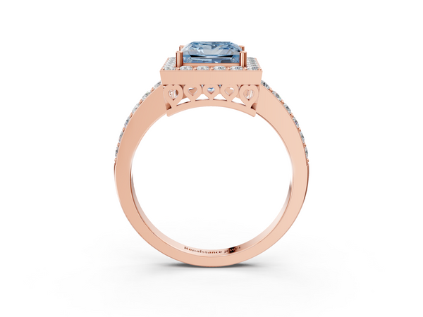 Rose gold Fancy Blue Princess  Halo Diamond Pavé Band Ring with Prong Setting