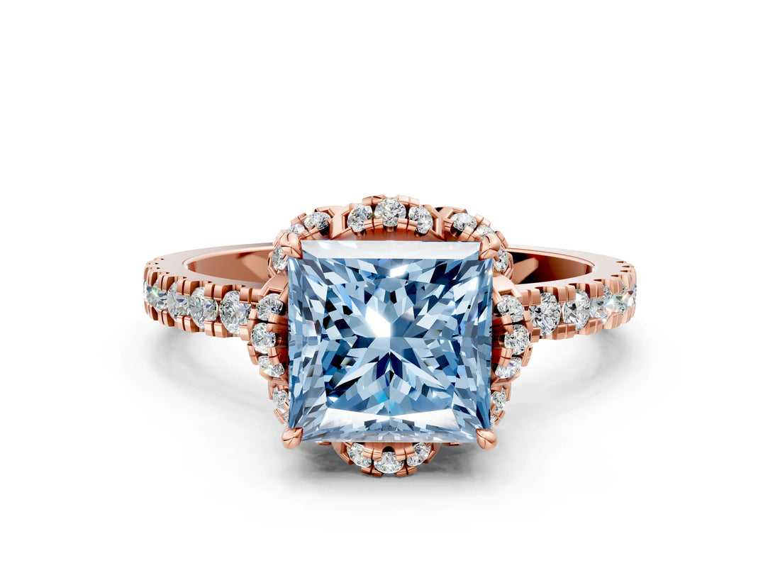 Rose gold Fancy Blue Princess  Halo Diamond Pave Band Ring with Four-Prong Setting_15