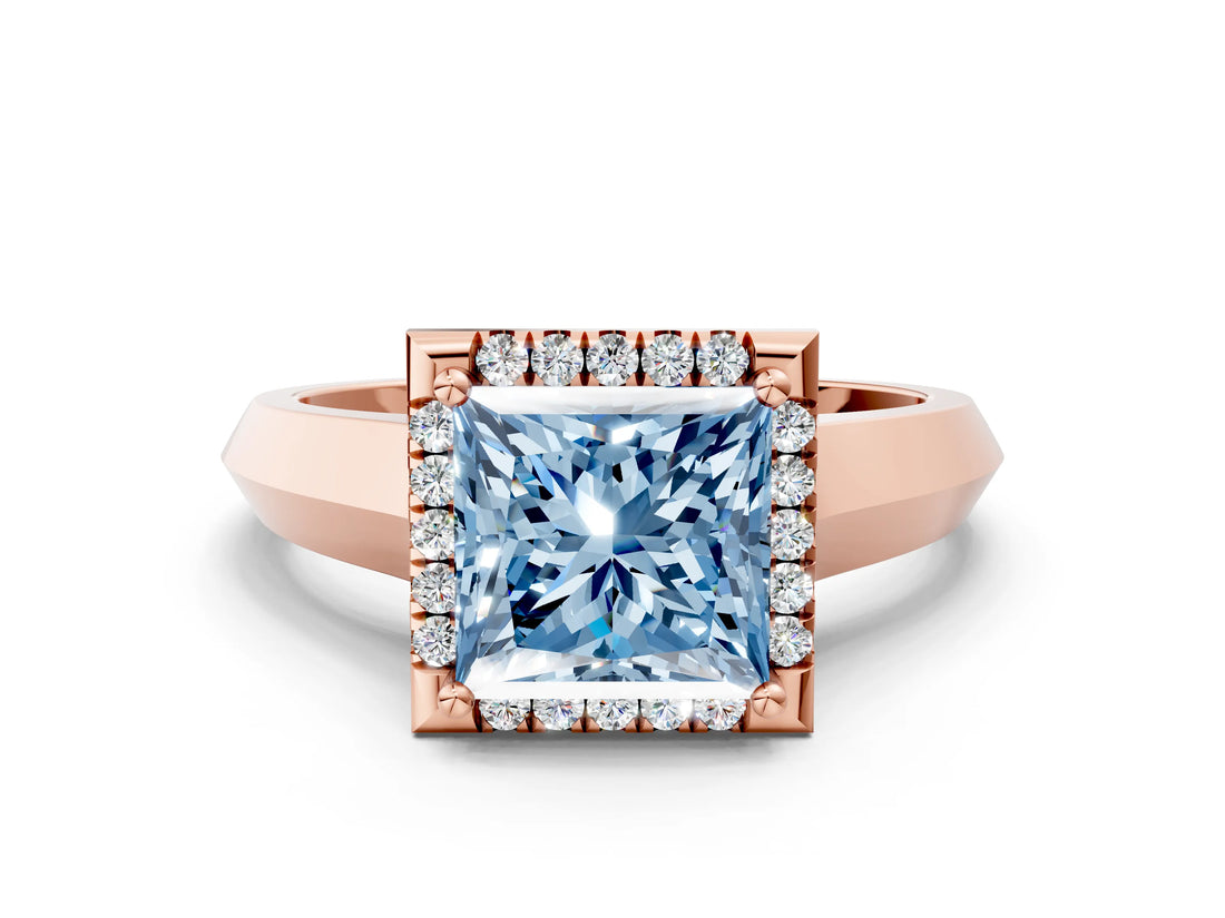Rose gold Fancy Blue Princess  Halo Diamond Ring with Cathedral Band and Four-Prong Setting_48