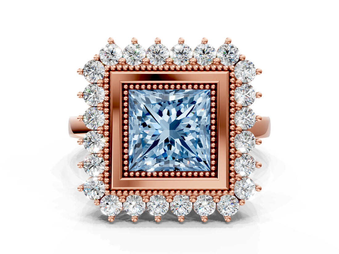 Rose gold Fancy Blue Princess  Halo Diamond Ring with Milgrain Edge and Round Prong Setting_23