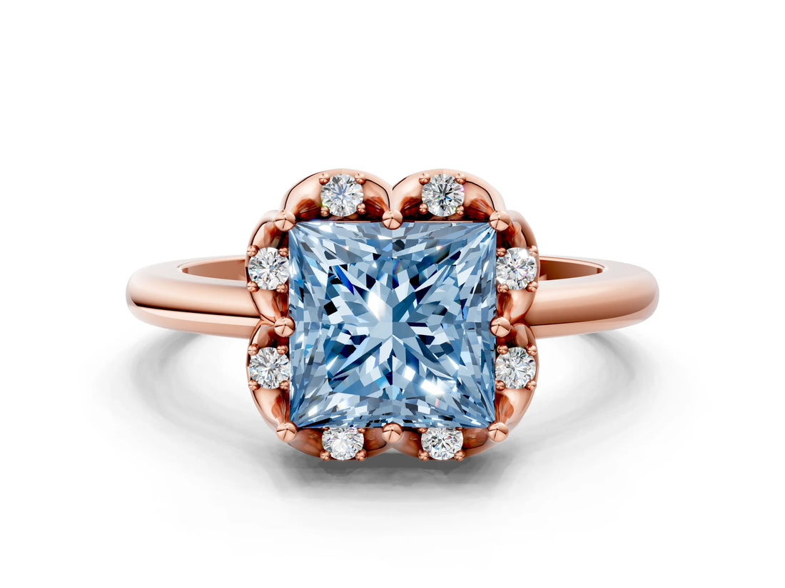 Rose gold Fancy Blue Princess  Halo Diamond Ring with Round Cluster Setting, Solitaire Band, and Four-Prong Setting_51
