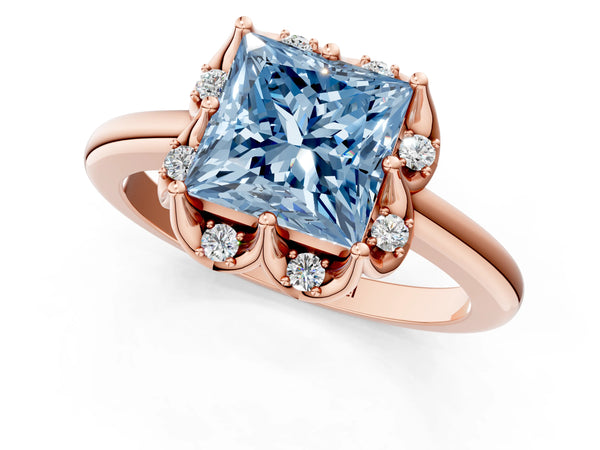 Rose gold Fancy Blue Princess  Halo Diamond Ring with Round Cluster Setting, Solitaire Band, and Four-Prong Setting