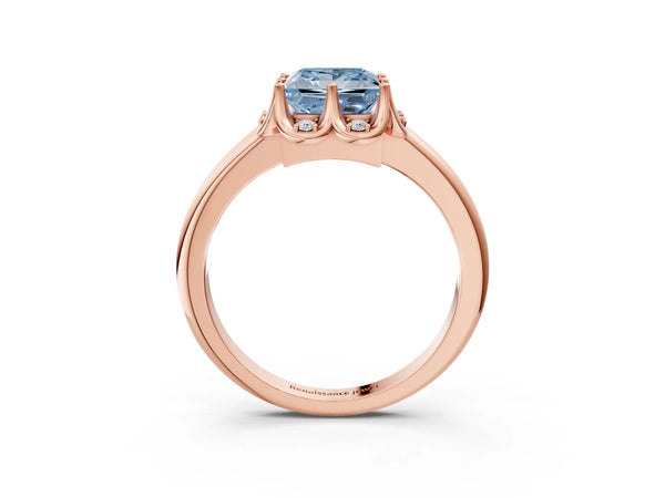 Rose gold Fancy Blue Princess  Halo Diamond Ring with Round Cluster Setting, Solitaire Band, and Four-Prong Setting