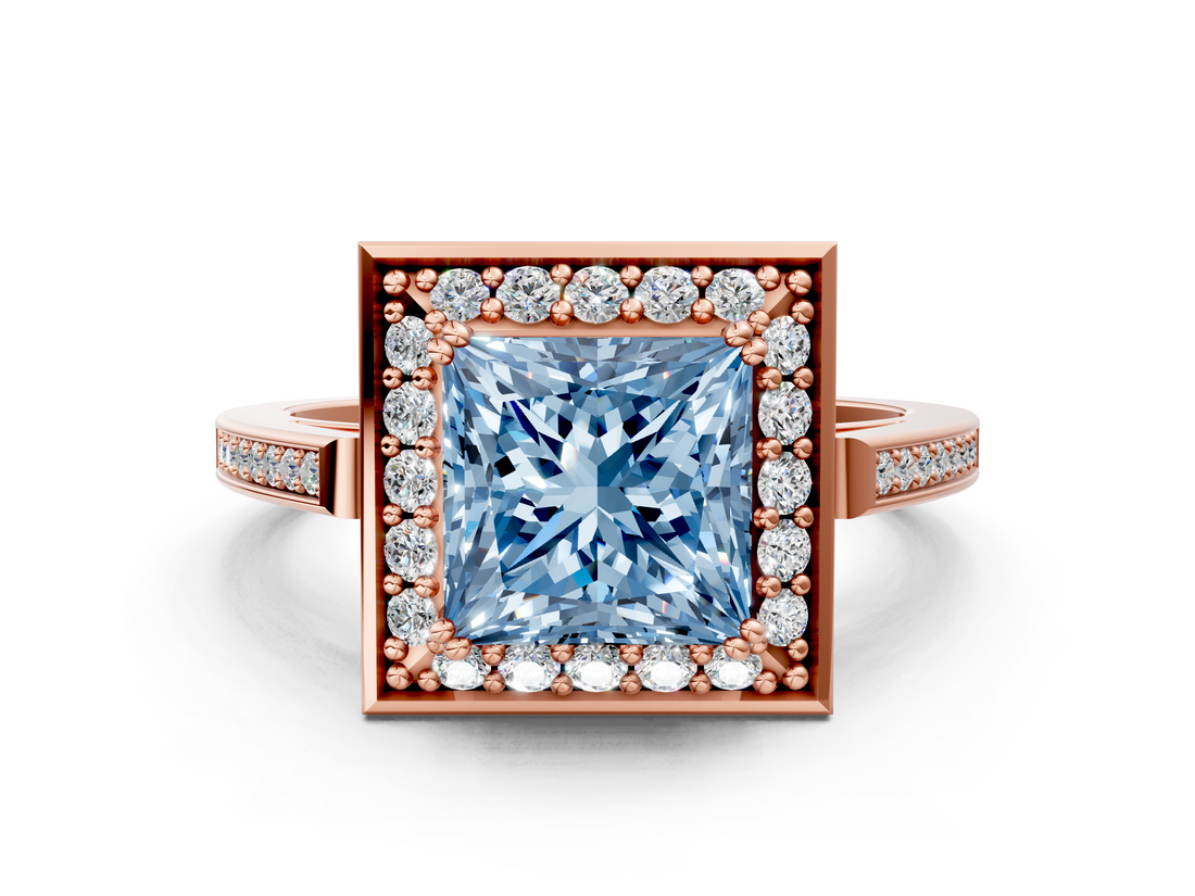 Rose gold Fancy Blue Princess  Halo Diamond Ring with Split Shank and Four-Prong Setting_45